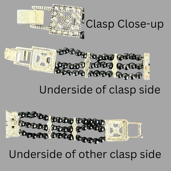 Art Deco Style Beaded Bracelet 7.5in Silver Tone Black Beads Retro - Picture 9 of 10